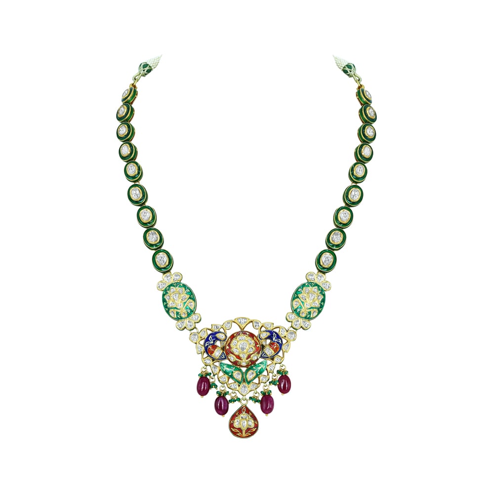 Enamel Necklace with Green-Red Accents, Pearls, and Gemstones